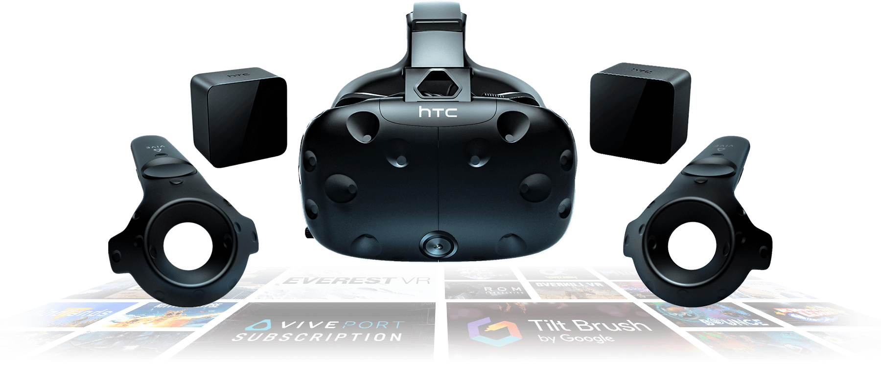 Image of the HTC Vive headset, surround by two base stations on the top and two motion controllers on the bottom