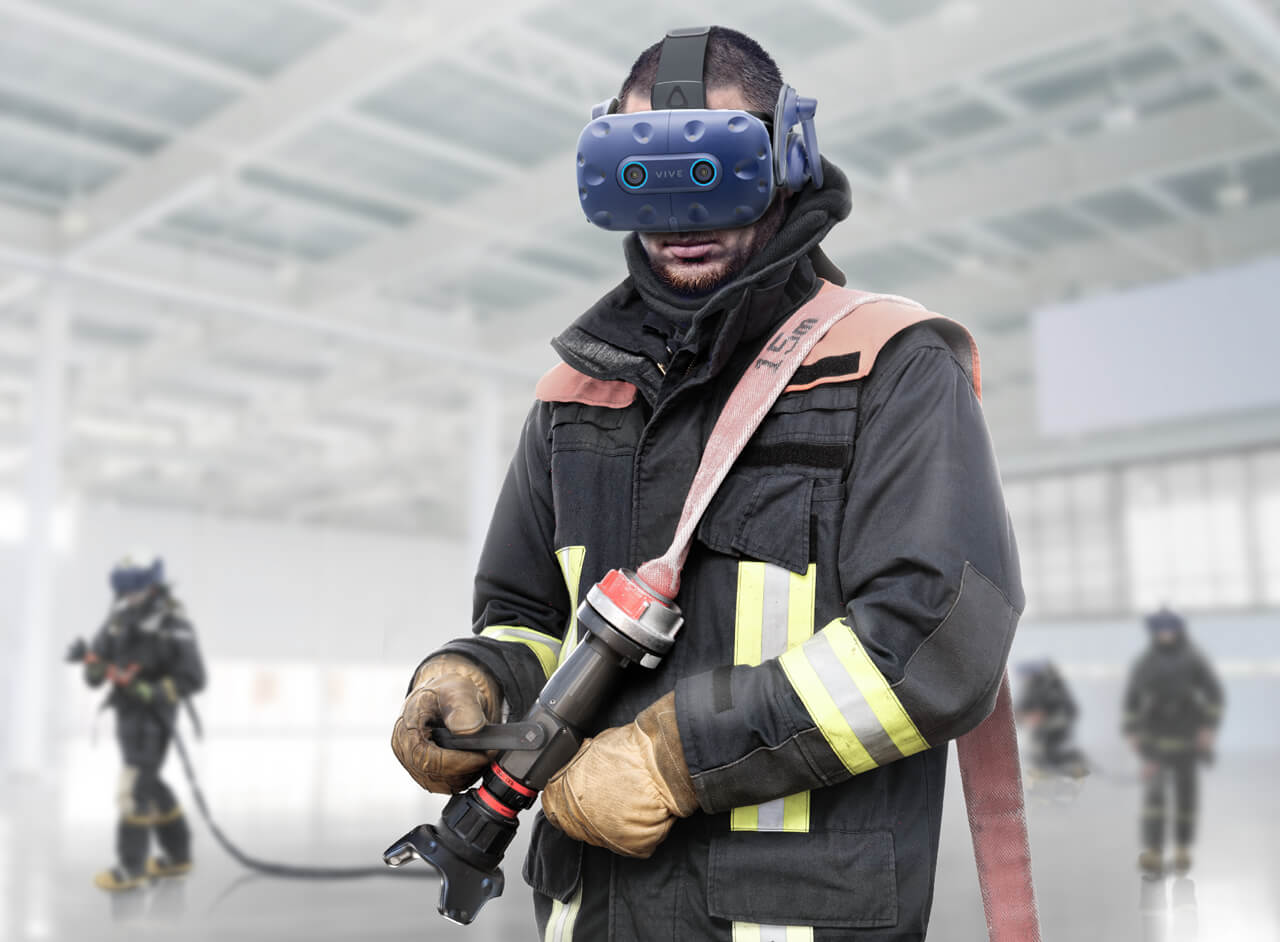 A fire fighter wearing a Pro Eye Office HMD
