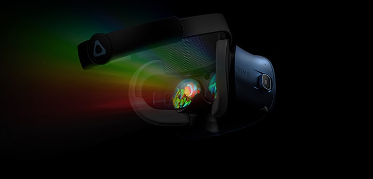 後ろから見たVIVE Cosmos VRヘッドセット。高解像度ディスプレイのクローズアップ。