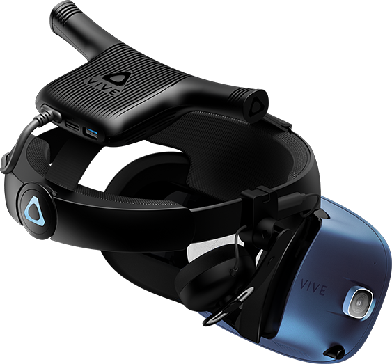 45-degree view from the back of VIVE Cosmos VR headset with wireless adapter VR accessory attached.
