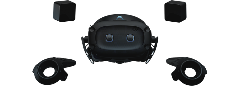 VIVE Cosmos Elite VR 헤드셋과 두 개의 컨트롤러 및 두 개의 베이스스테이션. SteamVR™ 트래킹