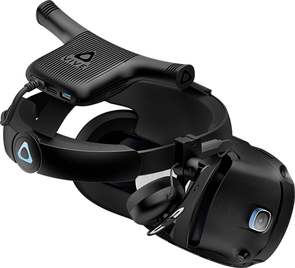45-degree view from the back of VIVE Cosmos Elite VR headset with Wireless Adapter VR accessory attached.